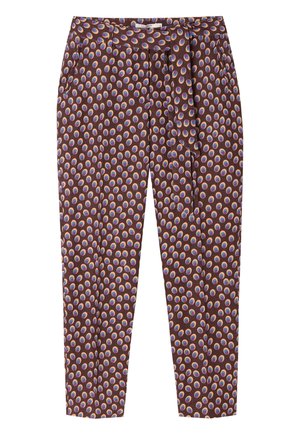 Braune, konisch zulaufende Hose mit Falten, Seitentaschen, einem Stoffgürtel und einem sich wiederholenden Mehrfarben-Kreismuster.