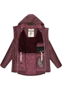 Burgundy vattentät jacka med fleecefoder och blommönster, flera fickor, dragskor och huva.