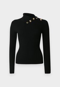 Schwarzer, gerippter Strickpullover mit hohem Kragen und goldfarbenen Verzierungen am Ausschnitt. Lange Ärmel und eine figurbetonte Silhouette.