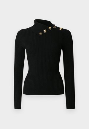 Czarny sweter z prążkowanego dzianiny z wysokim kołnierzem i złotymi ozdobami przy dekolcie. Długie rękawy, dopasowany krój.