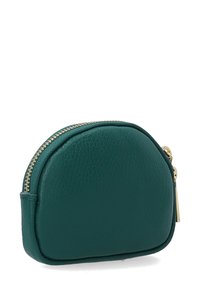 Turkusowy skórzany portfel na monety o zaokrąglonym kształcie, ze złotym zapięciem na zamek i fakturowaną powierzchnią. Kompaktowy design, odpowiedni do przechowywania drobnych przedmiotów.