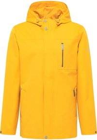 Chaqueta impermeable amarilla con capucha desmontable, bolsillo en el pecho con cremallera y bolsillos laterales. Presenta botones a presión y una textura suave.