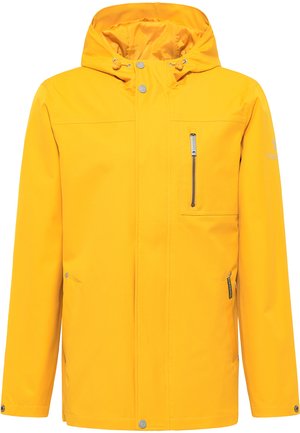 Gelbe wasserdichte Jacke mit abnehmbarem Kapuzen, Reißverschluss-Brusttasche und Seitentaschen. Verfügt über Druckknöpfe und eine glatte Textur.