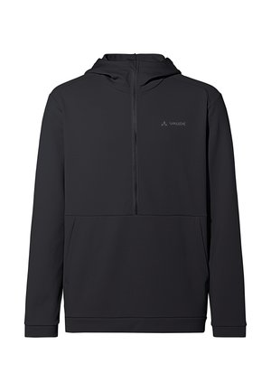 Felpa nera con cappuccio, realizzata in tessuto leggero, con collo zip, tasca frontale e dettagli di logo discreti.