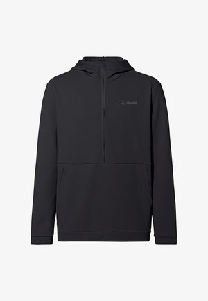 Felpa nera con cappuccio, realizzata in tessuto leggero, con collo zip, tasca frontale e dettagli di logo discreti.