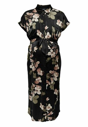 Svart blomstret kjole laget av glatt stoff, med korte ermer, krage, knappestolpe foran og midjebånd. Blomsterdesign i rosa og grønt.