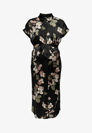 Črna cvetlična obleka iz gladkega materiala, s kratkimi rokavi, ovratnikom, z gumbnim zapenjanjem spredaj in pasom. Cvetlični vzorec v roza in zeleni barvi.