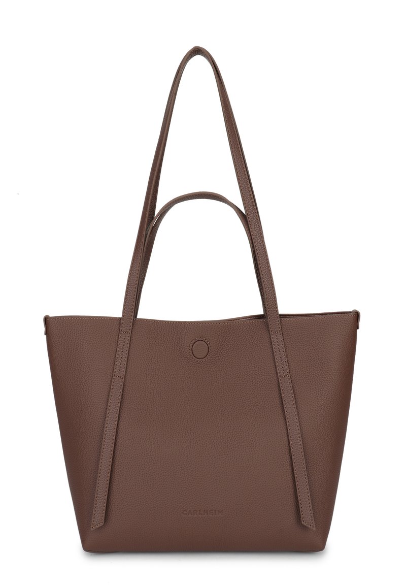 Borsa a tracolla in pelle marrone con una finitura testurizzata, due lunghe cinghie, un accento circolare sul davanti e un design con apertura superiore.