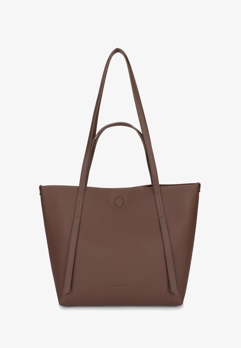 Borsa a tracolla in pelle marrone con una finitura testurizzata, due lunghe cinghie, un accento circolare sul davanti e un design con apertura superiore.