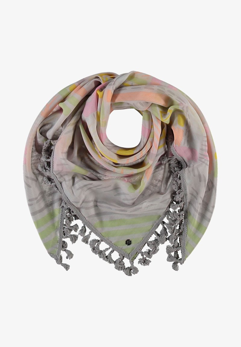Écharpe triangulaire gris clair avec des rayures pastel en rose, orange, vert et jaune, ornée de pompons gris sur les bords.