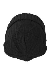 Beanie tricotat negru cu o manșetă nervurată și un model în zigzag reliefat; realizat din fir texturat, având un vârf rotund și un design fără cusături.