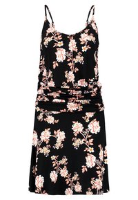 Vestido negro de flores con tirantes finos, que presenta un diseño fruncido y patrones de flores rosas y blancas sobre una tela suave. Longitud a mitad del muslo.