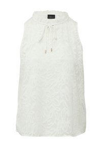 Witte mouwloze top met een hoge gerimpelde halslijn, voorzien van een bloemtextuur en een trekkoorddetail met gouden accenten.