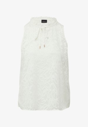 Weißes ärmelloses Oberteil mit hohem, rüschengeschmücktem Ausschnitt, das über eine florale Textur und einen Kordelzug mit goldenen Akzenten verfügt.