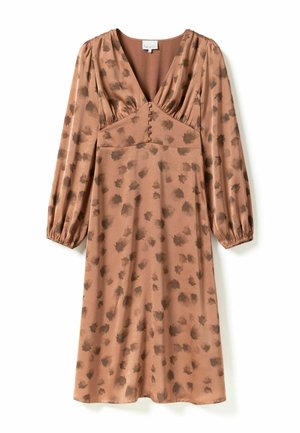 Rudas raštuotas suknelė su V formos iškirpte, ilgomis pūkuotomis rankovėmis ir mygtukų detalėmis. Lygi medžiaga su subtiliu lapų motyvu.