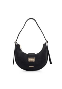 Sac à main en cuir noir avec une forme courbée, une bandoulière amovible et des finitions en métal doré. Présente un fermoir frontal et une surface texturée.