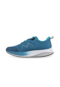 Chaussure de sport bleue avec un dessus en tissu texturé, des accents bleu clair contrastés, un bout arrondi et une semelle légère et rembourrée.