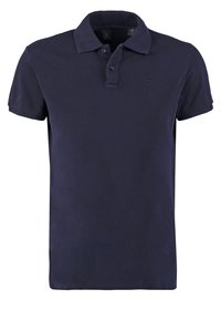 Mörkblå kortärmad polo skjorta i bomull, med klassisk krage, tre knappar och ett litet emblem på bröstet.