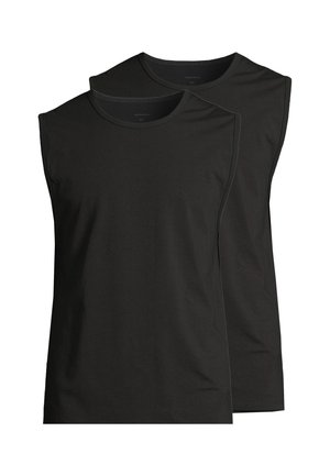 Two plain black sleeveless crew-neck undershirts stacked, showing front view on white background.