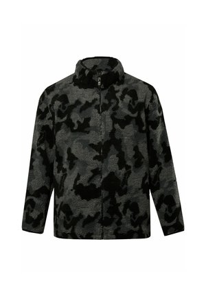 Fleecejas met hoge kraag, voorzien van een zwart en grijs camouflagepatroon en een centrale rits. Zacht materiaal met lange mouwen.