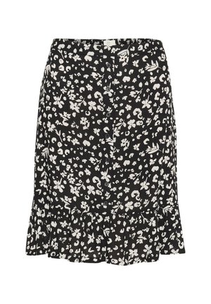 Sort nederdel med hvide blomster- og abstrakte mønstre, med en flæsekant og knappelukning. Lavet af letvægtsstof.