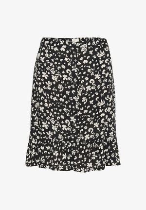 Sort nederdel med hvide blomster- og abstrakte mønstre, med en flæsekant og knappelukning. Lavet af letvægtsstof.