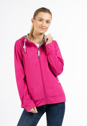 Pink zip-up jacket with a gray hoodie interior, featuring drawstring accents, two side pockets, and a soft, smooth texture.