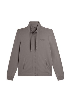 Giacca grigia con zip, collo alto, tasche frontali, coulisse e logo "FREDDY" sul petto sinistro, mostrata su sfondo bianco.