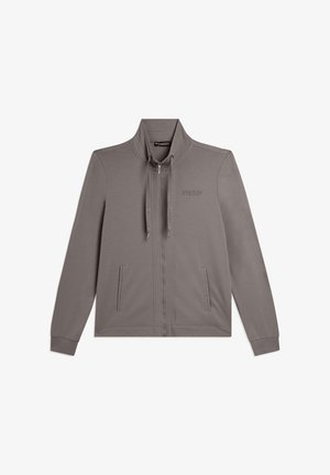 Veste zippée grise avec col montant, poches avant, cordons de serrage et logo "FREDDY" sur la poitrine gauche, présentée sur fond blanc.