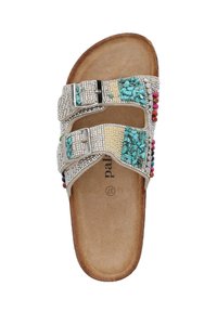 Sandalo con cinturino in argento, caratterizzato da accenti di perline turchesi e multicolori. Presenta due fibbie regolabili e una soletta in pelle martellata marrone.