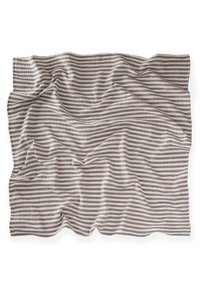 Striped fabric in light beige and gray, featuring a soft, textured surface with a wrinkled appearance. Measures approximately rectangular.