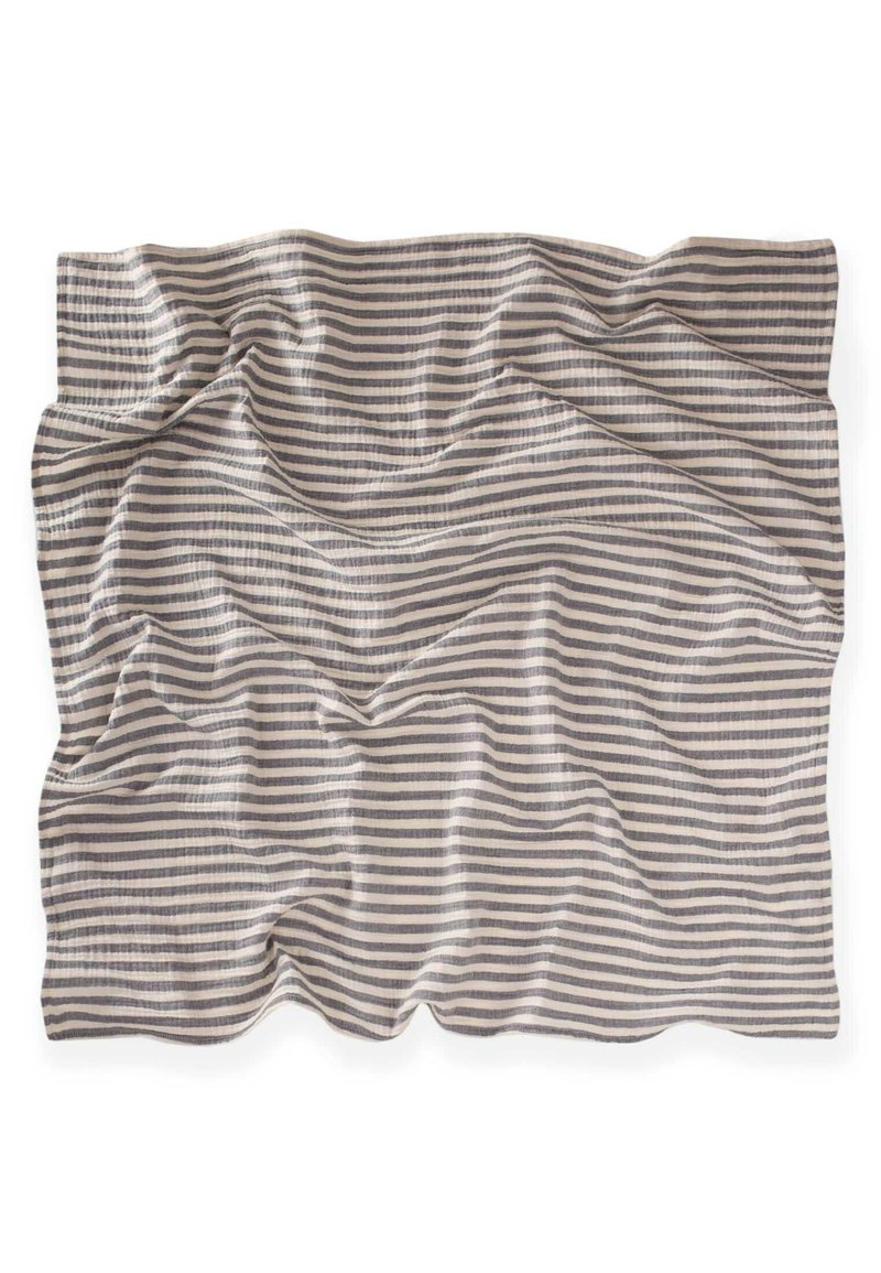 Striped fabric in light beige and gray, featuring a soft, textured surface with a wrinkled appearance. Measures approximately rectangular.