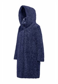 Marineblauwe gewatteerde capuchonjas gemaakt van pluizig textiel. Lange mouwen, middellange stijl met een sluiting aan de voorkant en een zachte voering.