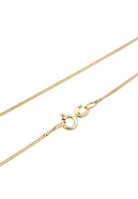 Guld kæd necklaces med en diamant-skarpet design, ovale led, og en lynlås lukning med en stempel. Samlet glat tekstur.