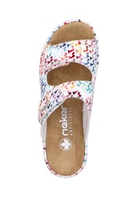Open-toe sandal with two adjustable straps, featuring a multicolored geometric pattern on a white background. Soft beige footbed, text logo.