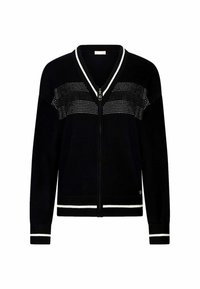 Cardigan zip-up nero con scollo a V, dettagli a righe bianche sul colletto e sui polsini, design testurizzato nella parte superiore.