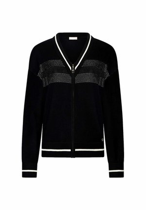 Cardigan zip-up nero con scollo a V, dettagli a righe bianche sul colletto e sui polsini, design testurizzato nella parte superiore.
