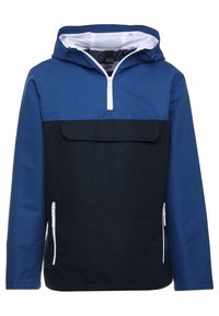 Blue and navy hooded jacket with a half-zip front, front pocket, and two side zippers. Made from smooth, water-resistant fabric.