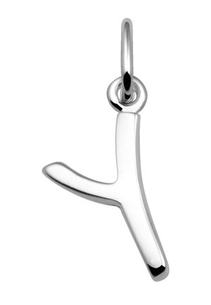 Zilveren hanger in Y-vorm met een gepolijste oppervlakte. Heeft een lus voor bevestiging, een gladde textuur en een minimalistisch ontwerp.