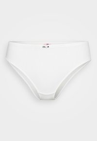 Witte katoenen bikinionderbroek met een gladde textuur, voorzien van een kleine decoratieve rozendetail op de tailleband.