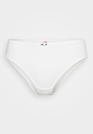 Culotte de bikini en coton blanc avec une texture lisse, présentant un petit détail de rose décoratif sur la taille.