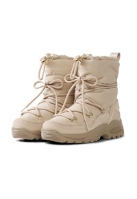 Beżowe zimowe buty z wyściełanym zewnętrzem, sznurkiem na górze i złotymi dodatkami. Podeszwa jest teksturowana dla lepszej przyczepności.