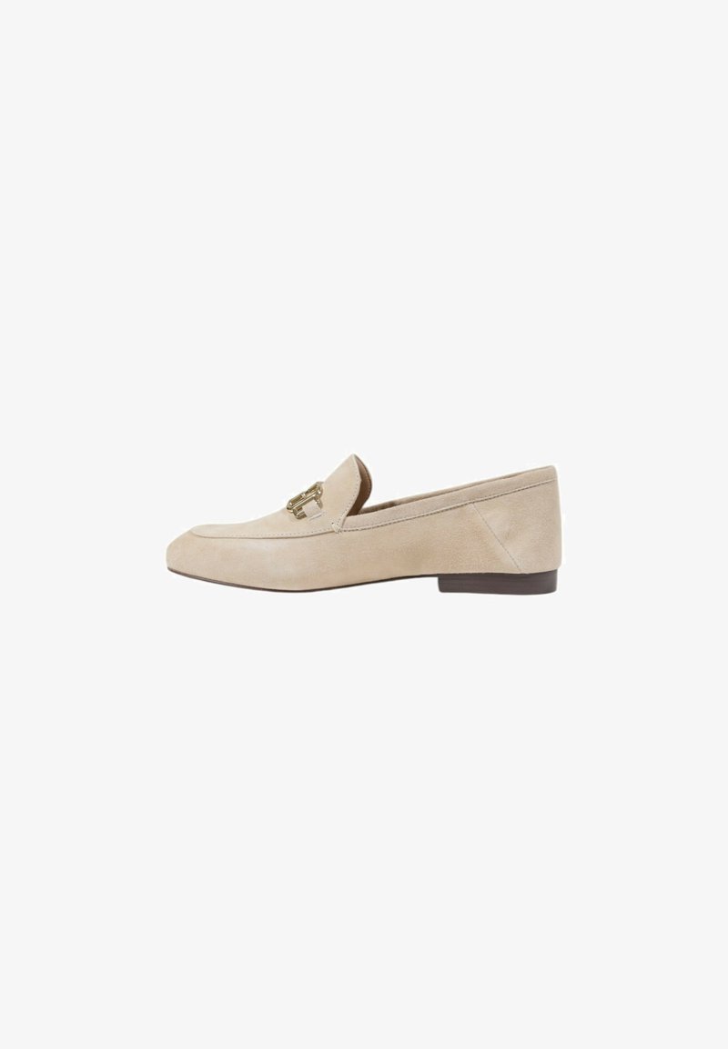 Beige suede loafer with a round toe, flat heel, and gold hardware detail on the front. Simple, elegant design with a smooth texture.