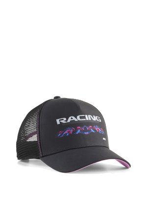Sort racing caps med net og buet skygge, med ordet "RACING" og en grafik af en racerbils blå og røde motiv på fronten.