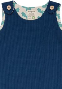 Abito in cotone blu a coste con collo rotondo, dettagli con bottoni sulle spalle e un interno a fantasia con forme azzurrine.
