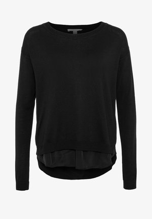 Sort langærmet sweater med ribbet halsudskæring og manchetter, der har et lagdelt design med en gennemsigtig nederste kant og et blødt, struktureret stof.