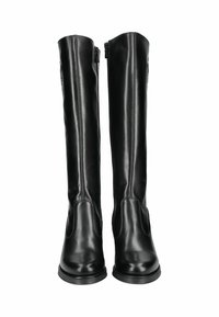 Bottes en cuir noires à hauteur de genou avec une texture lisse, des fermetures éclair sur le côté et des coutures contrastées le long de la longueur pour plus de détails.