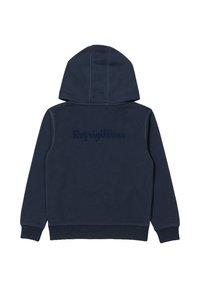 Felpa con cappuccio blu navy, maniche lunghe e la scritta "RefrigiWear" ricamata sul retro con filo blu scuro abbinato.