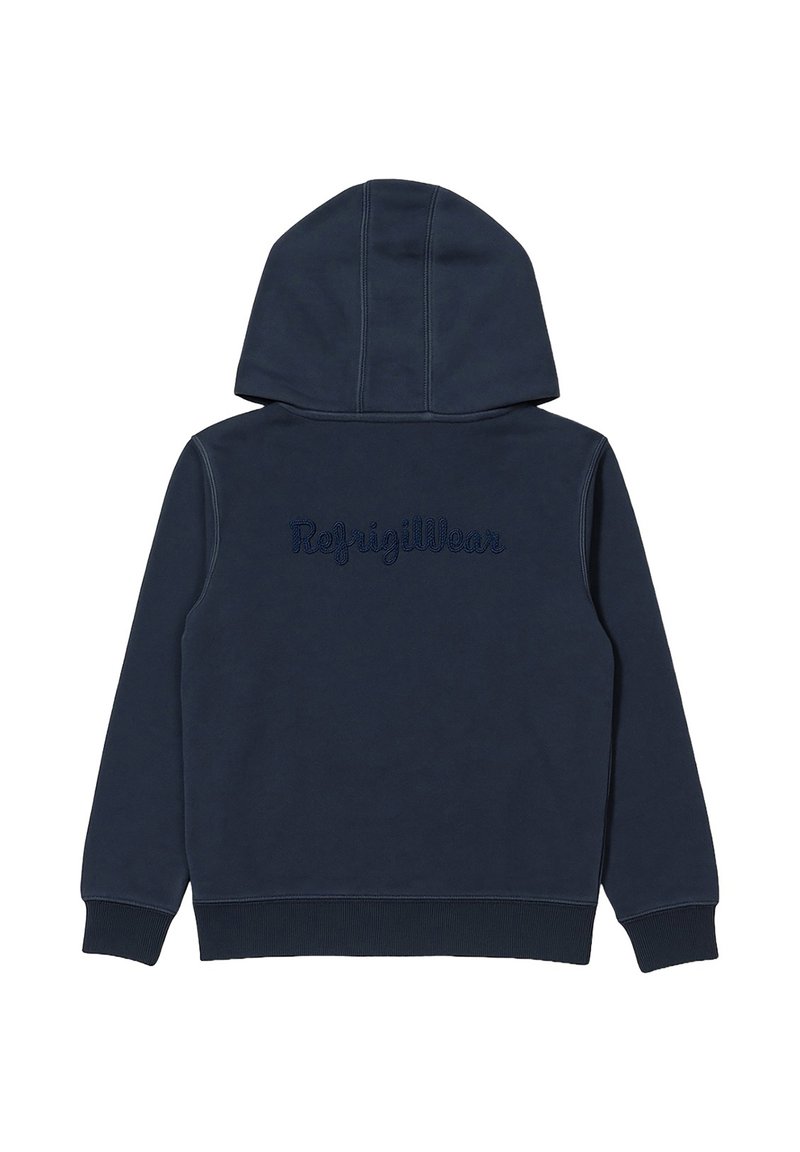 Felpa con cappuccio blu navy, maniche lunghe e la scritta "RefrigiWear" ricamata sul retro con filo blu scuro abbinato.