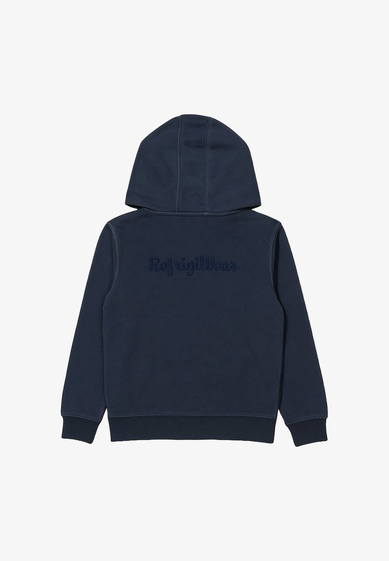 Felpa con cappuccio blu navy, maniche lunghe e la scritta "RefrigiWear" ricamata sul retro con filo blu scuro abbinato.